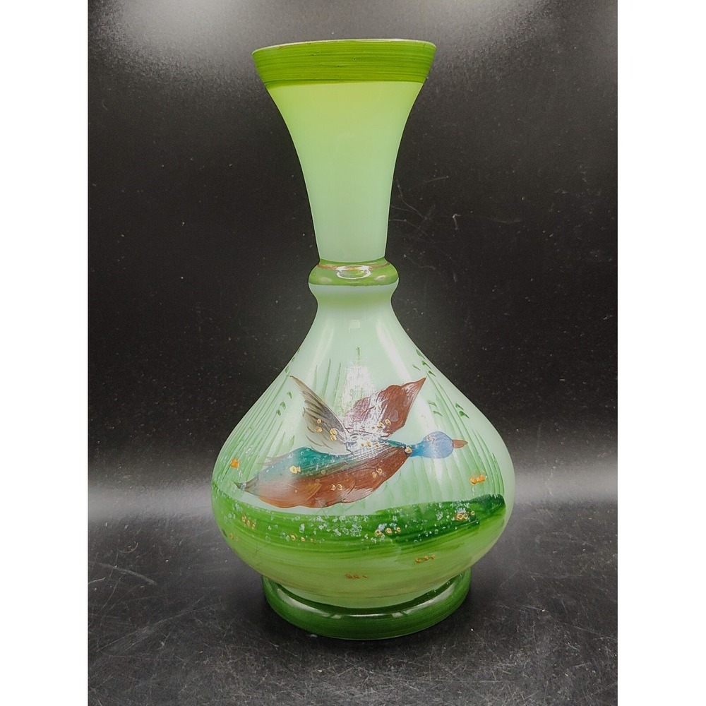 Antique Victorian Hand Painted Art Glass Vase Duck Bird Green Enameled 8.25"